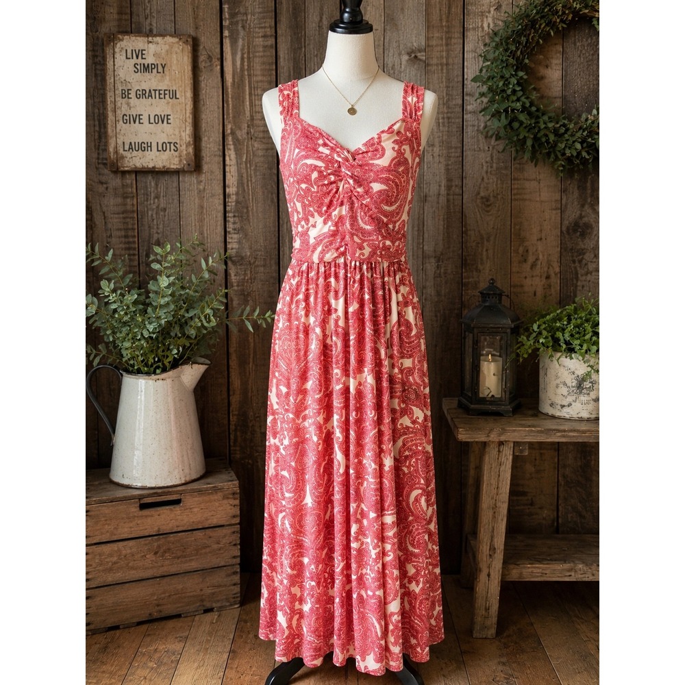 SOMA XL Paisley Maxi Dress Coral Pink Twist Front Boho Resort Summer Sleeveless
